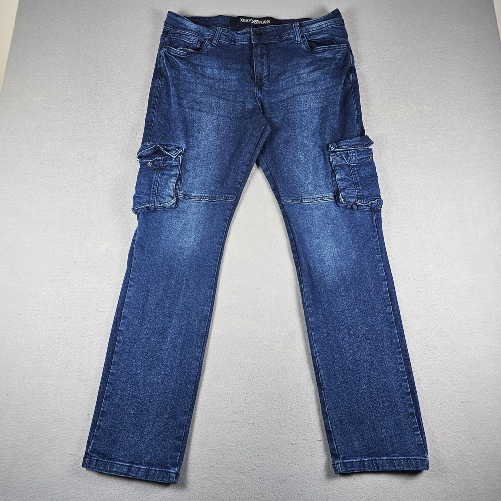 X Ray Jeans Mens 34x32 Blue Denim Cargo Pockets Stretch Dark Wash Faded